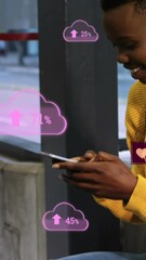 Poster - Animation of network of digital icons over woman using smartphone