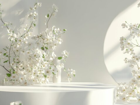high definition picture of white podium with delicate flowers for the presentation various products high detail 8k