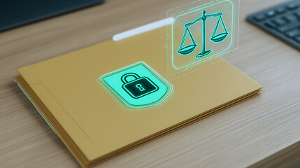 Poster - Digital Security and Justice: A digital illustration of a file folder with a padlock and scales of justice, representing data security, legal compliance and online protection.