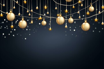 Poster - Christmas greeting card with golden christmas balls and string lights hanging on a dark blue background with snow falling