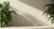 © DesignBuzz - Monstera and palm leaves cast dappled shadows on a textured cream wall and floor creating a serene and natural ambiance