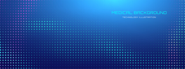 Poster - Medical Plus Sign Pattern in Abstract Health Background with Tech Element. Blue Vector and Hospital Symbol. Geometric DNA and Light Concept for Biotech Innovation.