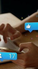 Poster - Animation of social media icons falling over person using laptop
