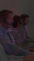 Poster - Security padlock and shield icons moving against customer service executives working at office