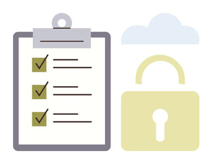 Poster - Checklist with green ticks on clipboard, yellow padlock, and cloud icon. Ideal for data protection, privacy, cybersecurity, cloud storage, system integrity compliance and productivity. Simple flat