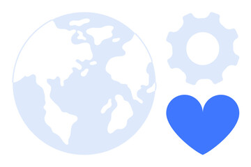 Poster - Globe representing the Earth, gear symbolizing innovation, and a blue heart signifying compassion. Ideal for sustainability, technology, teamwork, global unity, environmental care, compassion simple