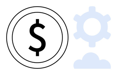 Poster - Black dollar coin outlined in white alongside a light blue gear and cloud. Ideal for finance, investment, digital economy, cloud computing, innovation, business strategy, and fintech. Flat simple