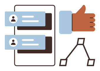 Poster - Messaging window with user avatars and text, thumbs-up gesture, and node connection chart. Ideal for communication, collaboration, approval, teamwork, social networking, feedback simple flat