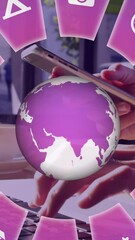 Poster - Animation of travel icons with globe and caucasian woman using smartphone
