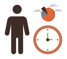 Poster - Person silhouette next to a clock and segmented pie chart. Ideal for productivity, time tracking, efficiency, analytics, planning, strategy, teamwork. Clean and simple flat metaphor