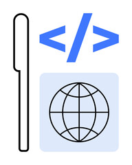Poster - Coding brackets, globe symbol, and vertical bar represent internet programming, web design, and global access. Ideal for technology, networking, software development, education innovation