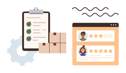 Poster - Checklist with green check marks, stack of boxes, browser screen with user reviews and ratings. Ideal for logistics, customer service, e-commerce, product reviews, shipping, online feedback simple