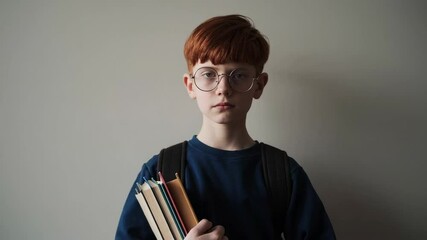 Fototapete - Confident redhead student wearing glasses, holding textbooks while standing against white background, embodying academic focus and youthful intelligence