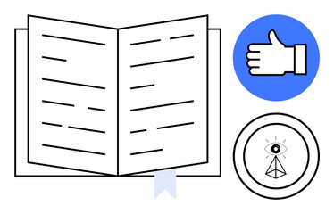 Poster - Open book with bookmark, blue thumbs up icon, abstract geometric eye symbol. Ideal for learning, creativity, approval, inspiration, guidance success and storytelling. Perfect for simple landing