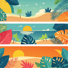 Poster - spring summer cards set with abstract leaves, plants, flowers