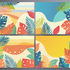 Poster - spring summer cards set with abstract leaves, plants, flowers