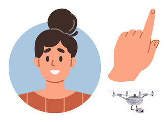 Poster - Smiling woman with a bun hairstyle, a pointing hand gesture, and a quadcopter drone. Ideal for communication, innovation, technology, interaction, control creativity futuristic concepts. Simple
