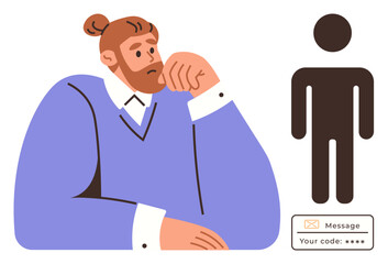 Poster - Man resting chin on hand, thinking deeply. Next to him, a silhouette figure and text box prompt with code. Ideal for security, identity, authentication, privacy concerns, password safety