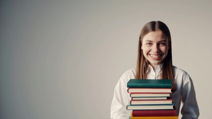 Fototapete - Student wearing crisp white shirt, beaming while balancing numerous academic books, standing confidently against pristine white background