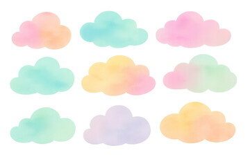 Aufkleber - Nine pastel-colored clouds floating against a transparent background, creating a dreamy and whimsical atmosphere