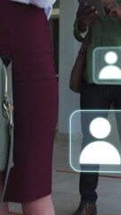 Poster - Animation of icons and data processing over diverse business people standing in line in face masks