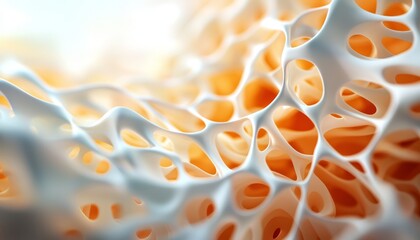 Poster - Abstract close-up of a porous, organic-looking structure with a soft focus and warm, light-filled background.