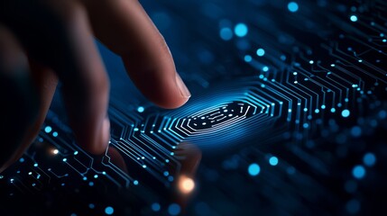 Poster - A finger interacts with a glowing digital circuit board, symbolizing technology and human-computer connection in a futuristic, high-tech environment.