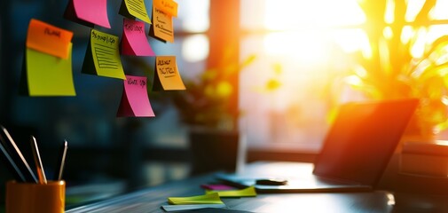 Poster - A bright workspace with sticky notes on a glass wall, a laptop, and sunlight streaming through a window, creating an inspiring and productive environment.