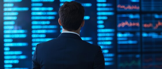 Poster - A man in a suit views multiple digital screens displaying data and information in a high-tech, futuristic environment.
