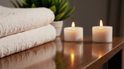 Aufkleber - Soft white towels, neatly folded, sit on a polished wooden surface, accompanied by the gentle glow of two lit candles, creating a serene spa atmosphere