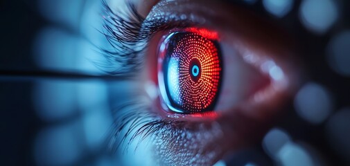 Poster - Close-up of a human eye reflecting a digital red and blue circular pattern, symbolizing technology and futuristic vision.