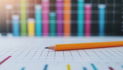Poster - A yellow pencil rests on graph paper with colorful bar charts blurred in the background, symbolizing data analysis or financial planning.