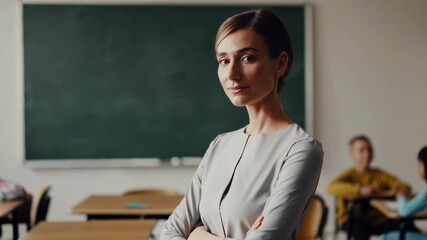 Aufkleber - Portrait of young female teacher standing with arms crossed in classroom, pupils learning in background, education and back to school concept