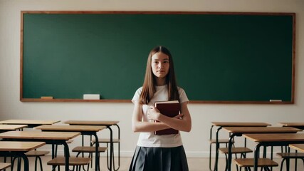 Fototapete - High school student standing in vacant classroom, gripping textbook, wearing serious expression, looking directly forward with academic confidence and concentrated determination