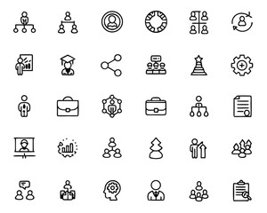 Poster - Comprehensive business strategy and operations symbols collection featuring clean thin line graphics for planning execution and management concepts in a professional palette