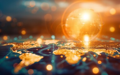 Poster - A glowing golden world map with a luminous globe above, symbolizing global connectivity and technological advancement.