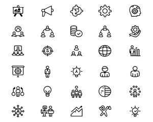 Poster - Comprehensive collection of thin line symbols representing core business concepts strategic planning and operational execution for professional presentations and digital applications
