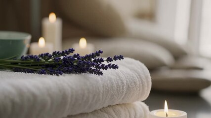 Aufkleber - Pristine white towels nestled alongside aromatic lavender sprigs and softly glowing candles embodying ultimate wellness atmosphere in professional spa environment