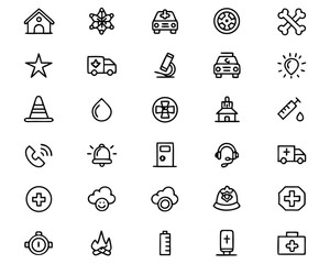 Poster - Comprehensive collection of essential emergency and safety symbols featuring clear outlines for evacuation routes alerts and critical situation guidance
