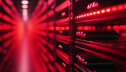 Poster - A futuristic corridor illuminated by red LED lights reflecting off sleek black surfaces, creating a glowing, high-tech atmosphere.