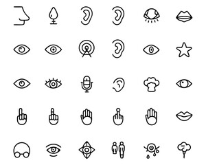 Poster - Comprehensive collection of fundamental human sensory perception symbols illustrating taste sight touch smell and hearing for diverse applications