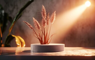Poster - A small arrangement of dried plants bathed in warm sunlight on a round textured pedestal, set in a softly lit indoor space with blurred decor in the background.