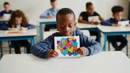 Poster - Elementary school student proudly displays his colorful paper cutout artwork, showcasing creativity during an art class while other students work diligently in the background