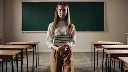 Fototapete - Confident student girl stands in a classroom, holding books, ready for the school day, embodying the spirit of learning and academic pursuit
