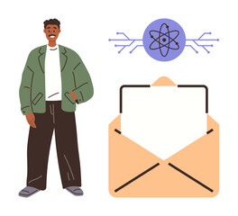 Poster - Man standing confidently in casual outfit, open envelope with blank paper, highlighted atom icon with circuits. Ideal for communication, education, technology, career, innovation, networking casual