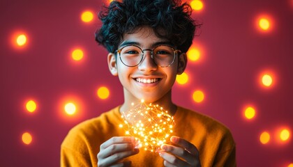 Poster - A smiling young person with glasses holds a glowing, network-like geometric shape against a red background with scattered bright lights.