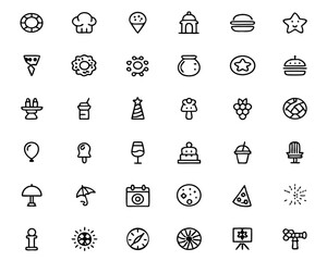 Poster - Collection of forty minimalist thin line graphic symbols presented in a clean flat design style with a vibrant color palette suitable for digital interfaces and branding applications
