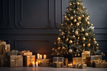 Poster - Christmas tree decorated with golden ornaments and surrounded by gift boxes and lit candles in an elegant dark room