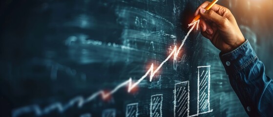 Poster - Hand drawing a rising graph on a chalkboard, symbolizing growth, progress, and success in business or finance.