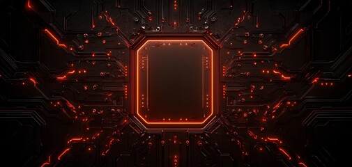 Poster - A glowing red microchip at the center of a black circuit board with intricate pathways and illuminated connections.